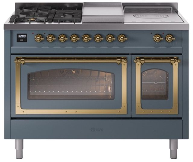 Ilve® Nostalgie II Noblesse 48'' Blue Gray Pro Style Dual Fuel Range with Brass Trim-0