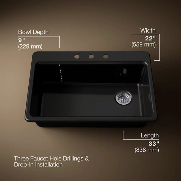 KOHLER® Riverby® Black 33" 3-Faucet Hole Top-Mount Single-Bowl Kitchen Sink-3