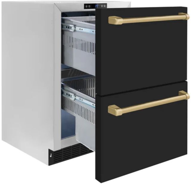 ZLINE Autograph Edition 24" Touchstone 168 Can Outdoor-Rated Dual Refrigerator Drawer with Black Matte Doors and Champagne Bronze Handles-2