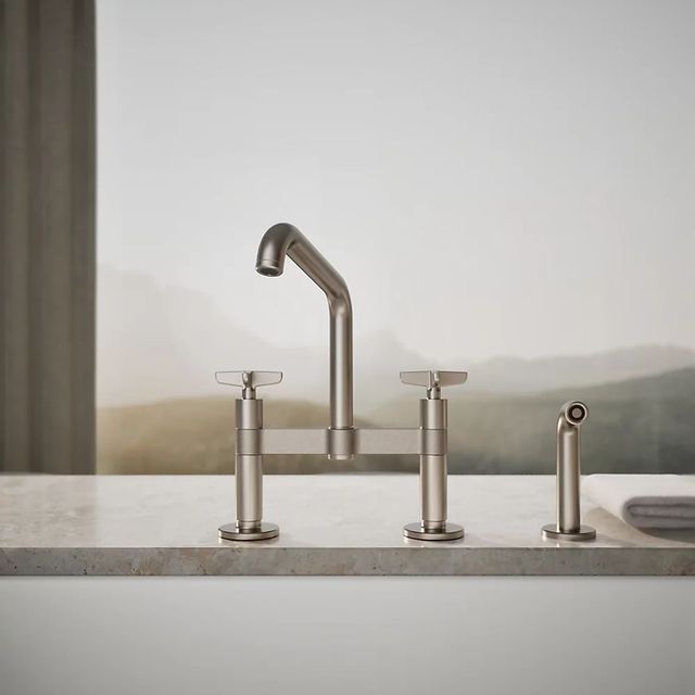 KOHLER® Billet® Vibrant Stainless 2-Hole Bridge Kitchen Sink Faucet with Side Sprayer-4