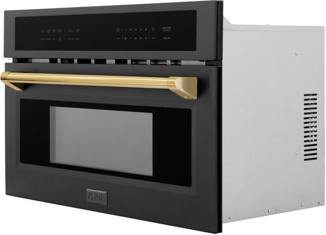 ZLINE Autograph Edition 30" 1.6 Cu. Ft. Black Stainless Steel Built-in Convection Microwave Oven with Polished Gold Accents-1