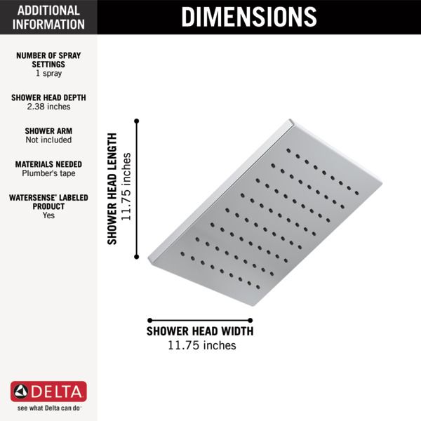 Delta Universal Showering Components 12" Lumicoat® Chrome Square Single-Setting Metal Raincan Shower Head-2