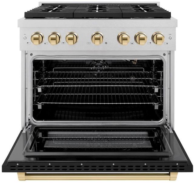 ZLINE Autograph Edition Paramount 36" Satin Stainless Steel Pro Style Gas Range with Black Matte Door and Polished Gold Accents-1