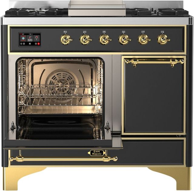 Ilve® Majestic III 40" Graphite Matte Pro Style Dual Fuel Liquid Propane Range with Solid Door and Brass Trim-2