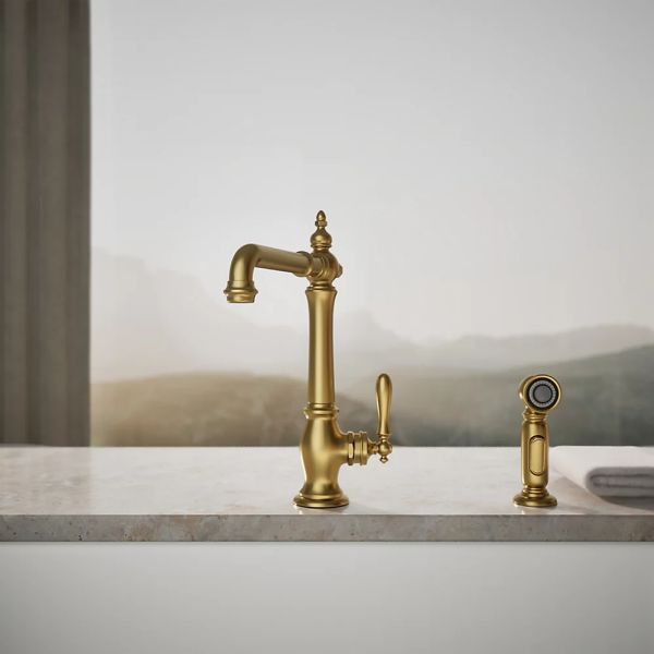 KOHLER® Artifacts® Vibrant Brushed Moderne Brass Single-Handle Kitchen Sink Faucet with 2-Function Side Sprayer-3