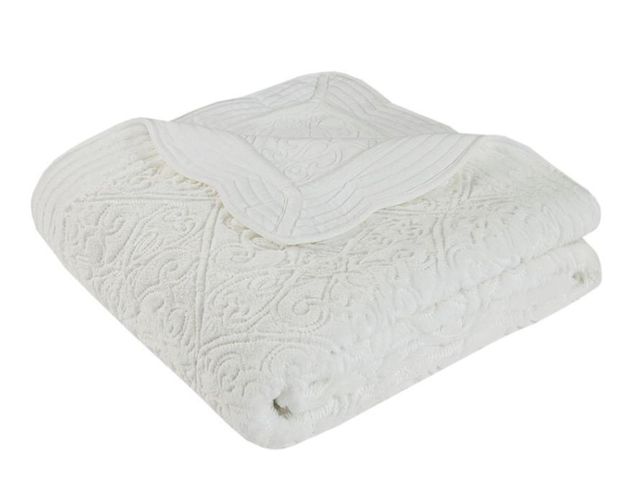 Olliix by Madison Park Aster 3 Piece Ivory Full/Queen Embroidered Faux Fur Coverlet Set-2