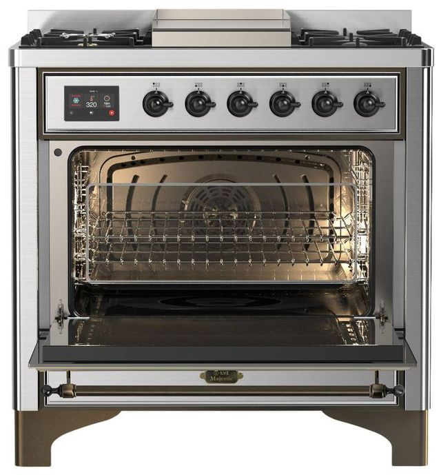 Ilve® Majestic III 36" Stainless Steel Pro Style Dual Fuel Liquid Propane Range with Solid Door and Burnished Trim-1