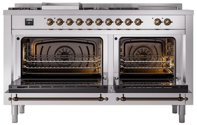 Ilve® Nostalgie II Noblesse 60'' Stainless Steel Pro Style Dual Fuel Range with Burnished Trim-2
