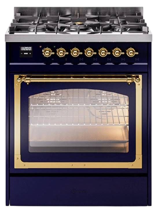 Ilve® Nostalgie II Noblesse 30" Midnight Blue Pro Style Dual Fuel Range with Brass Trim-0