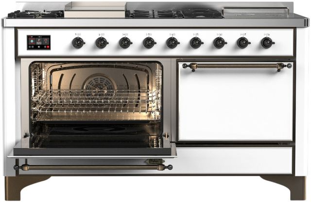 Ilve® Majestic III 60'' White Pro Style Dual Fuel Liquid Propane Range with Solid Door and Burnished Trim-2