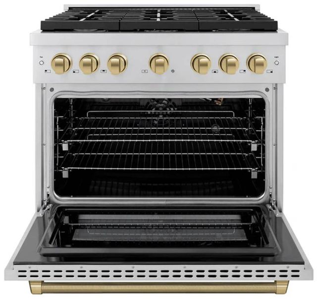 ZLINE Autograph Edition Paramount 36" Stainless Steel/Champagne Bronze Helix Handle Freestanding Gas Range with 6 Burner Cooktop and Convection Gas Oven-1