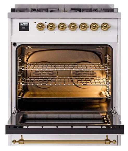 Ilve® Nostalgie II Noblesse 30" White Pro Style Dual Fuel Range with Brass Trim-2