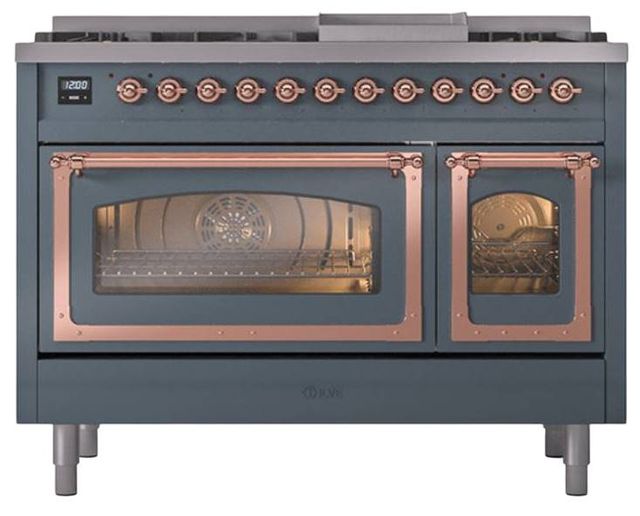 Ilve® Nostalgie II Noblesse 48'' Blue Gray Pro Style Dual Fuel Range with Copper Trim-1