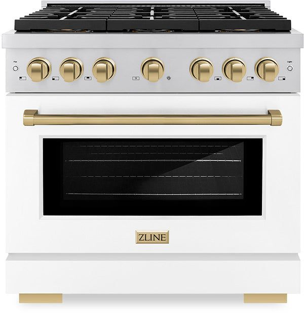 ZLINE Autograph Edition 36 in. 5.2 cu. ft. Paramount Dual Fuel Range with 6 Burner DuoPro™ Cooktop and Electric Convection Oven with White Matte Door and Champagne Bronze Accents (PSDRZ-WM-36-CB)