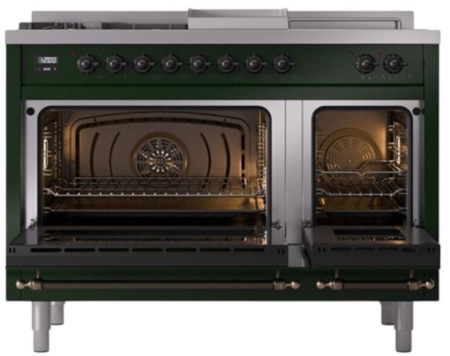 Ilve® Nostalgie II Noblesse 48'' Emerald Green Pro Style Dual Fuel Range with Burnished Trim-1