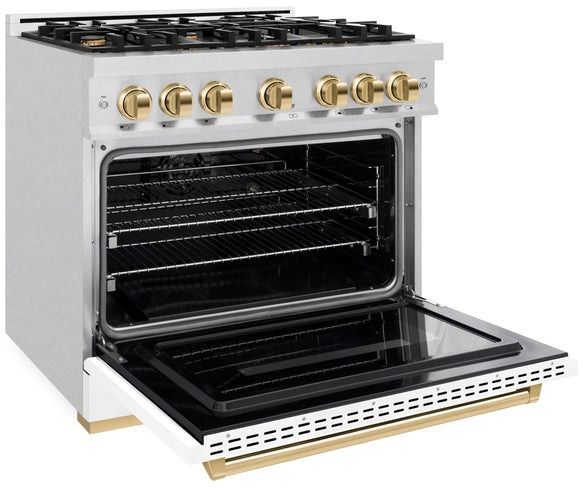 ZLINE Classic Autograph Edition 36" Satin Stainless Steel Pro Style Gas Range with White Matte Door and Polished Gold Accents-3