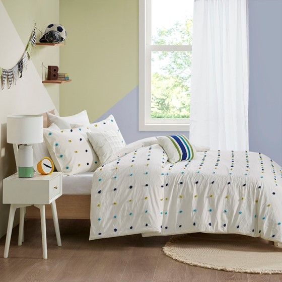 Olliix by Urban Habitat Kids Callie Green and Navy Twin Cotton Jacquard Pom Pom Comforter Set-2