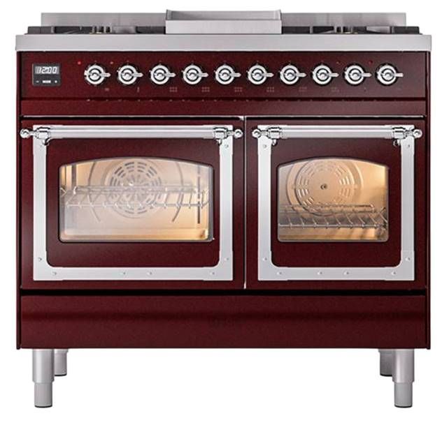 Ilve® Nostalgie II Noblesse 40'' Burgundy Pro Style Dual Fuel Range with Chrome Trim-1