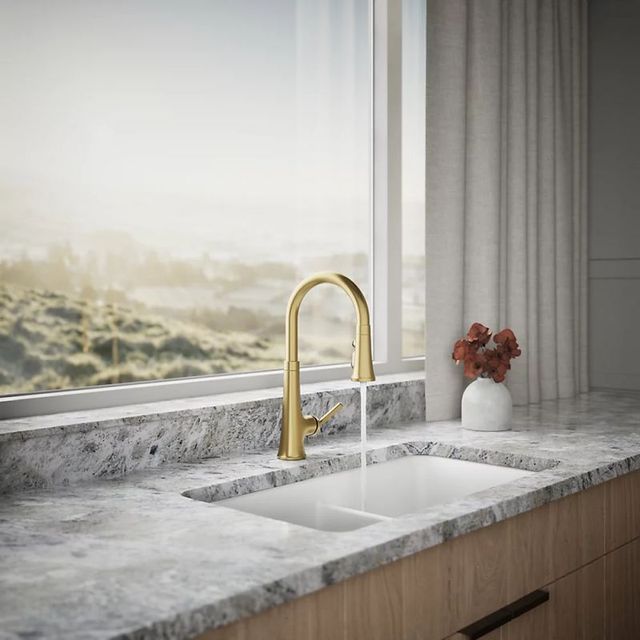KOHLER® Tone® Vibrant Brushed Moderne Brass Kitchen Sink Faucet with 3-Function Sprayhead-2