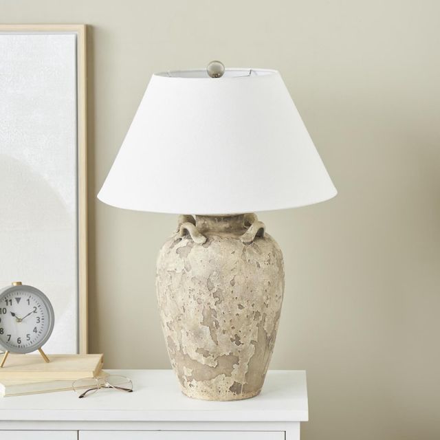 Deco Marche Light Brown Tall Distressed Antique Style Pot Vase Room Table Lamp with White Linen Shade-2