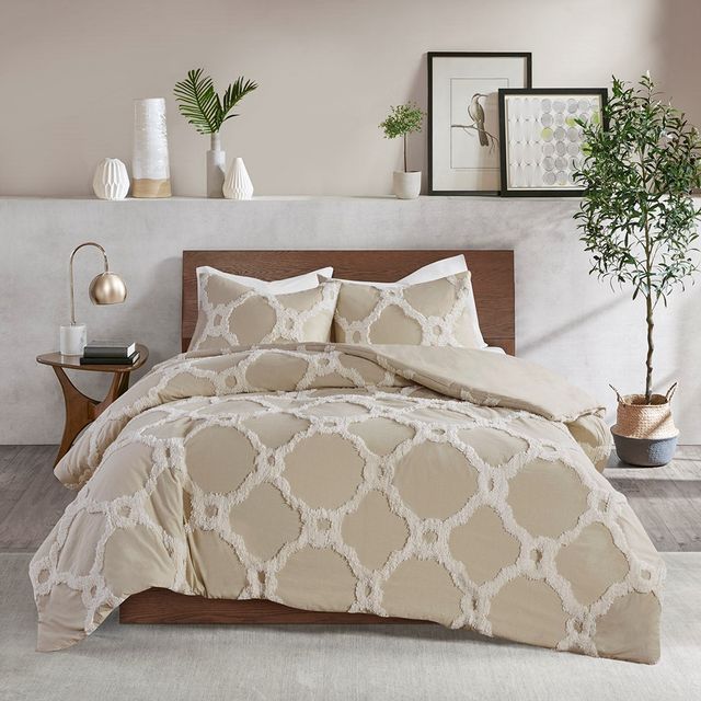 Olliix by Madison Park Pacey 3 Piece Tufted Cotton Chenille Geometric Taupe Full/Queen Comforter Set-0