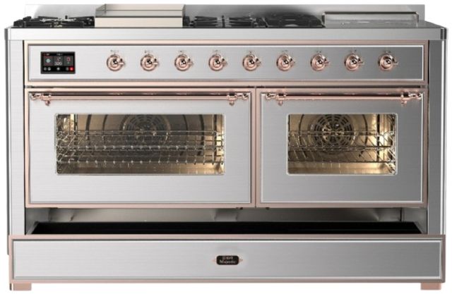 Ilve® Majestic III 60" Stainless Steel Pro Style Dual Fuel Liquid Propane Range with French Top and Copper Trim-2