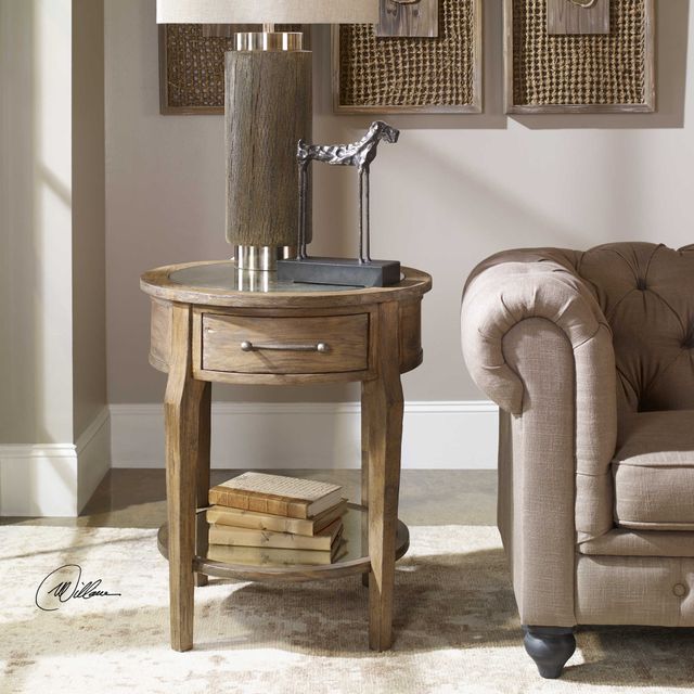 Uttermost® Raelynn Glass Top Lamp Table with Weathered Pecan Base-1