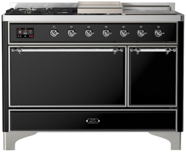 Ilve® Majestic III 48" Glossy Black Pro Style Dual Fuel Natural Gas Range with French Top and Chrome Trim-0