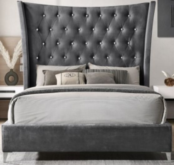 Milton Greens Stars Dark Gray California King Wing Back Tufted Headboard Platform Bed-0