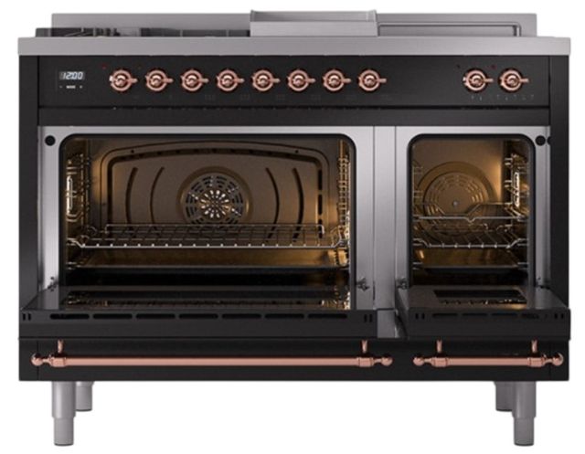 Ilve® Nostalgie II Noblesse 48'' Glossy Black Pro Style Dual Fuel Range with Copper Trim-3
