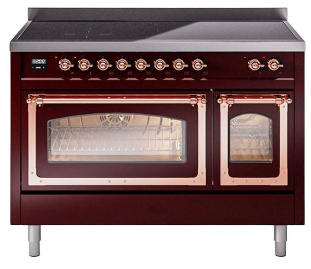 Ilve® Nostalgie II Noblesse 48'' Burgundy Pro Style Induction Range with Copper Trim-0