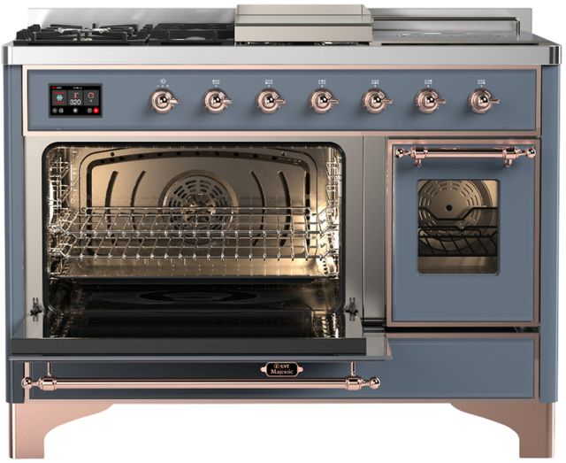 Ilve® Majestic III 48" Blue Gray Pro Style Dual Fuel Liquid Propane Range with 5 Black Brass Burners and Copper Trim-2
