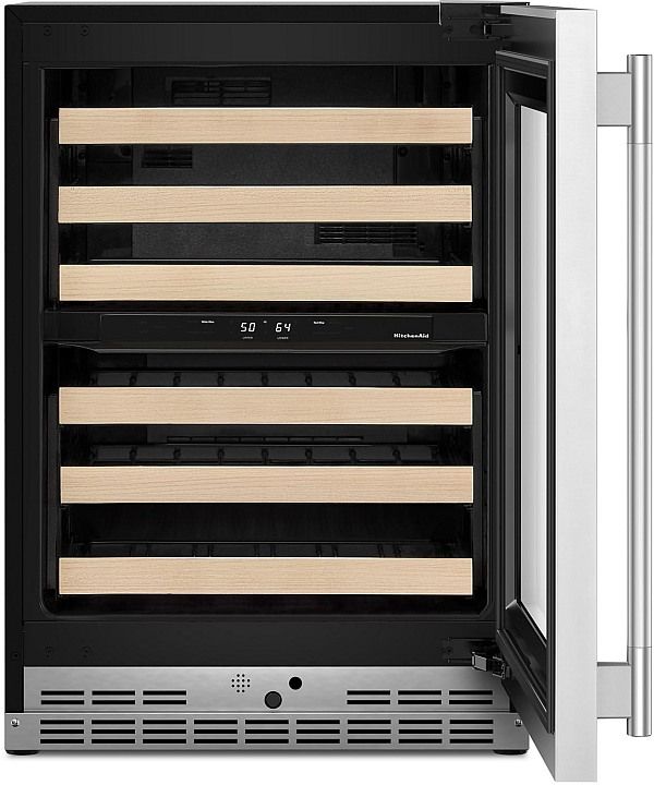 Kitchenaid® 24" PrintShield™ Stainless Steel Undercounter Wine Cooler with Full-Extension Wood-Front Racks-1