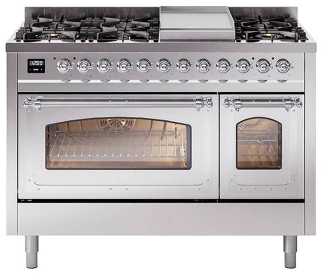 Ilve® Nostalgie II Noblesse 48'' Stainless Steel Pro Style Dual Fuel Range with Chrome Trim-0