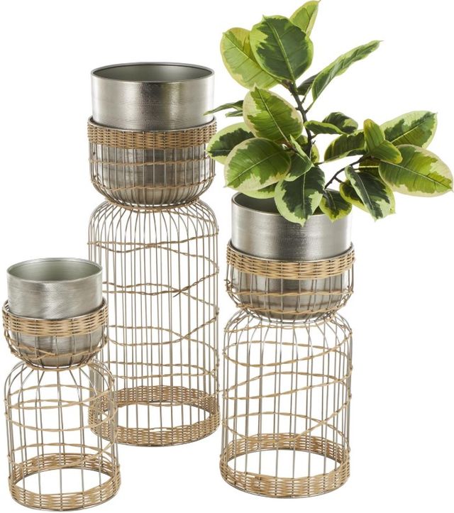 Deco Marche 3-Piece Silver Textured Dome Planter Set with Woven Rattan and Caged Rod Pedestal Base-0