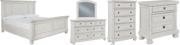 Front view of the Signature Design by Ashley® Robbinsdale 5-Piece Antique White Queen Panel Bed Set