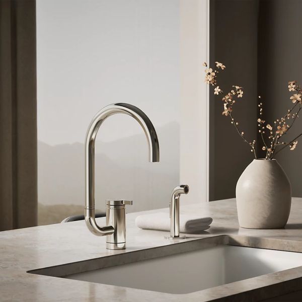 KOHLER® Components® Vibrant Polished Nickel Single-Handle Kitchen Sink Faucet with 2-Function Extended-Reach Spout and Side Sprayer-1