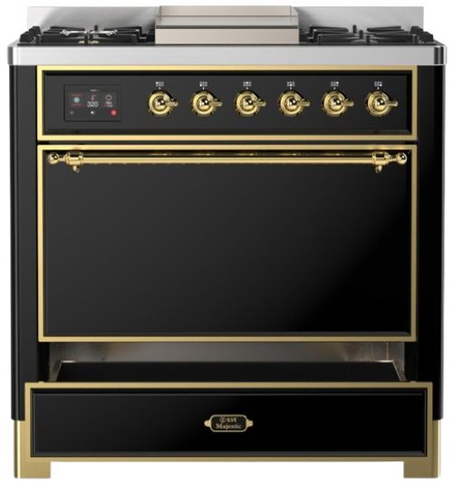 Ilve® Majestic III 36" Glossy Black Pro Style Dual Fuel Natural Gas Range with Solid Door and Brass Trim-2