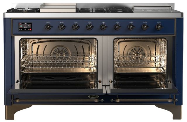 Ilve® Majestic III 60" Midnight Blue Pro Style Dual Fuel Natural Gas Range with Solid Door and Burnished Trim-1