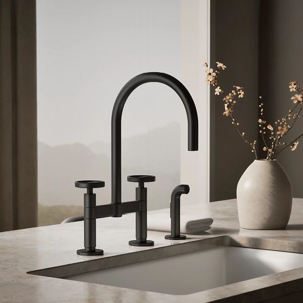 KOHLER® Billet® Matte Black 18" 2-Hole Bridge Kitchen Sink Faucet with Side Sprayer and Round Handles-1