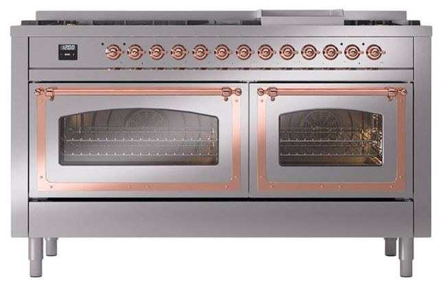 Ilve® Nostalgie II Noblesse 60'' Stainless Steel Pro Style Dual Fuel Range with Copper Trim-1