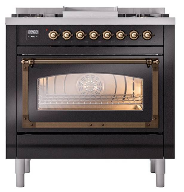 Ilve® Nostalgie II Noblesse 36'' Glossy Black Pro Style Dual Fuel Range with Burnished Trim-1