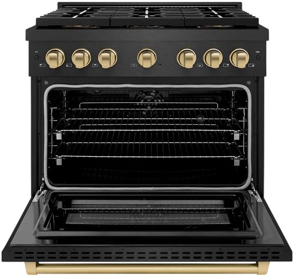 ZLINE Autograph Edition Paramount 36" 5.2 Cu. Ft. Black Satin Stainless Steel Dual Fuel Range with 6 Burner DuoPro™ Cooktop, Electric Convection Oven and Polished Gold Accents-1