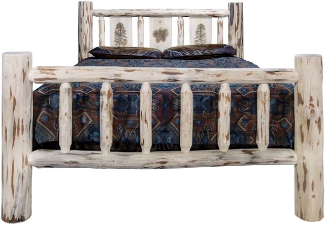 Montana Woodworks® Montana Collection Clear Lacquer Queen Bed with Laser Engraved Pine Tree Design-1