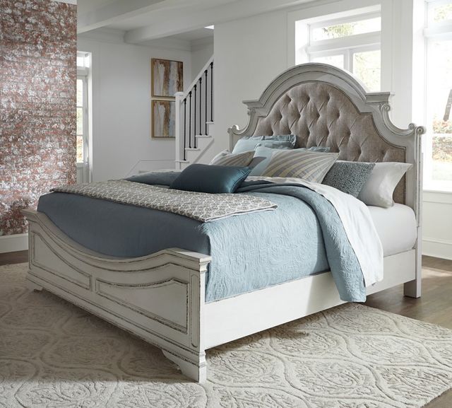 Liberty Furniture Magnolia Manor Antique White/Weathered Bark California King Upholstered Panel Bed-1