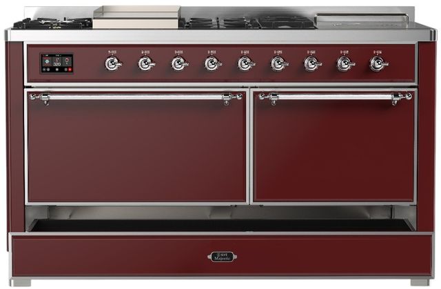 Ilve® Majestic III 60" Burgundy Pro Style Dual Fuel Natural Gas Range with Griddle and Chrome Trim-2
