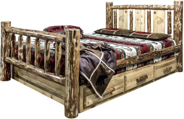 Montana Woodworks® Glacier Country Stain & Clear Lacquer Twin Storage Bed with Laser Engraved Wolf Design-3