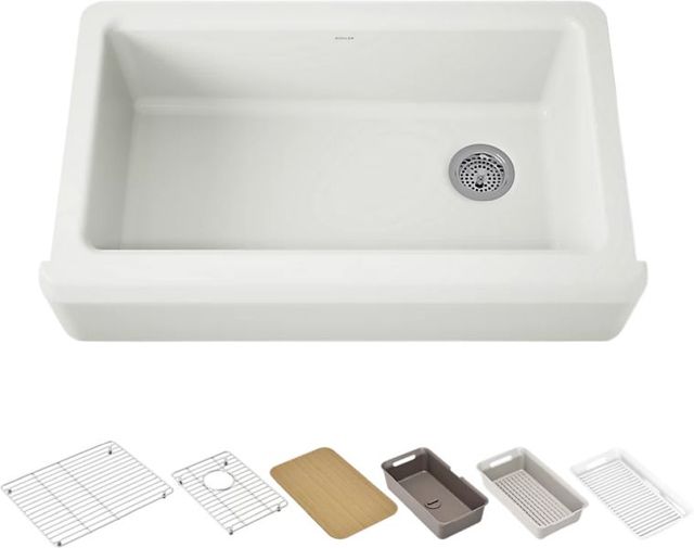 KOHLER® Riverby® Dune 36" Undermount Single-Bowl Farmhouse Workstation Kitchen Sink with Accessories-0
