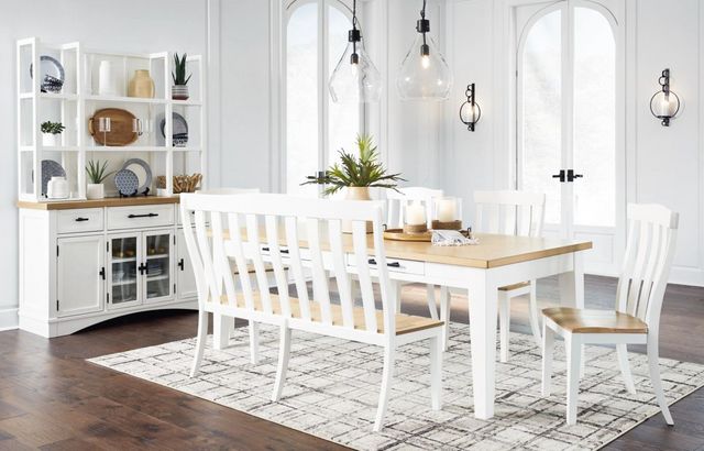 front view of a casual dining room with white walls and white and wooden two tone table, chairs and cabinet