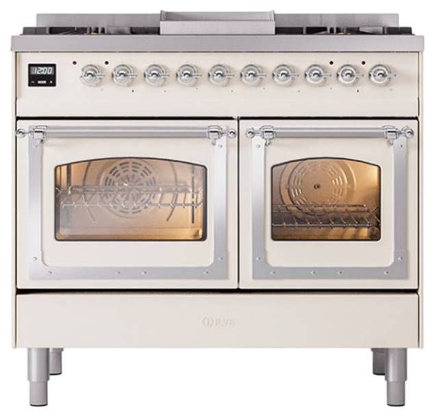 Ilve® Nostalgie II Noblesse 40'' Antique White Pro Style Dual Fuel Range with Chrome Trim-1